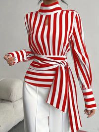 Fashion Baggy Stripes Women Blouse Elegant High Collar Long Sleeve Shirts and Blouses Vintage Girdle Lace-Up Top Women Clothes