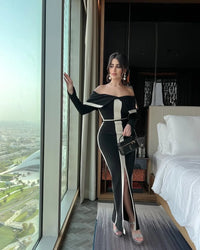 High Quality Women Long Sleeve Sexy off Shoulder Floor-Length Bandage Dress Celebrate Birthday Party White Stripe Black Outfits