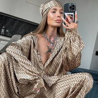 Luxury Chain Print Satin 2 Piece Outfit, Oversized Button down Shirt + High Waist Wide Leg Pants Set for Daily and Vacation
