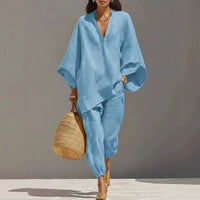 Casual V-Neck Two Piece Set Women Outfits Summer 2026 Fashion Loose Long Sleeve Tops and Wide Leg Pants Sets Suits Elegant
