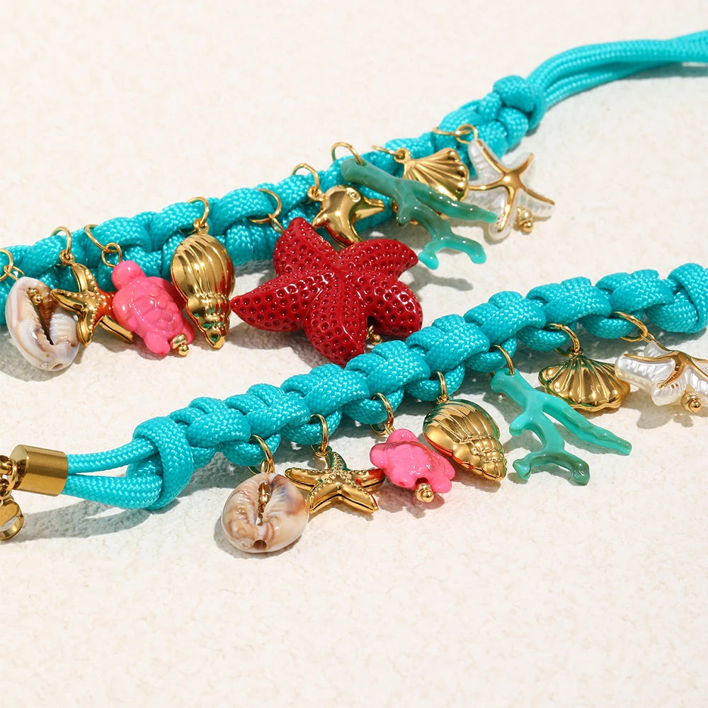 316L Stainless Steel Ocean Series Resin Braided Rope Bracelet Necklace 18K Gold Plated Waterproof Jewelry Set Gifts