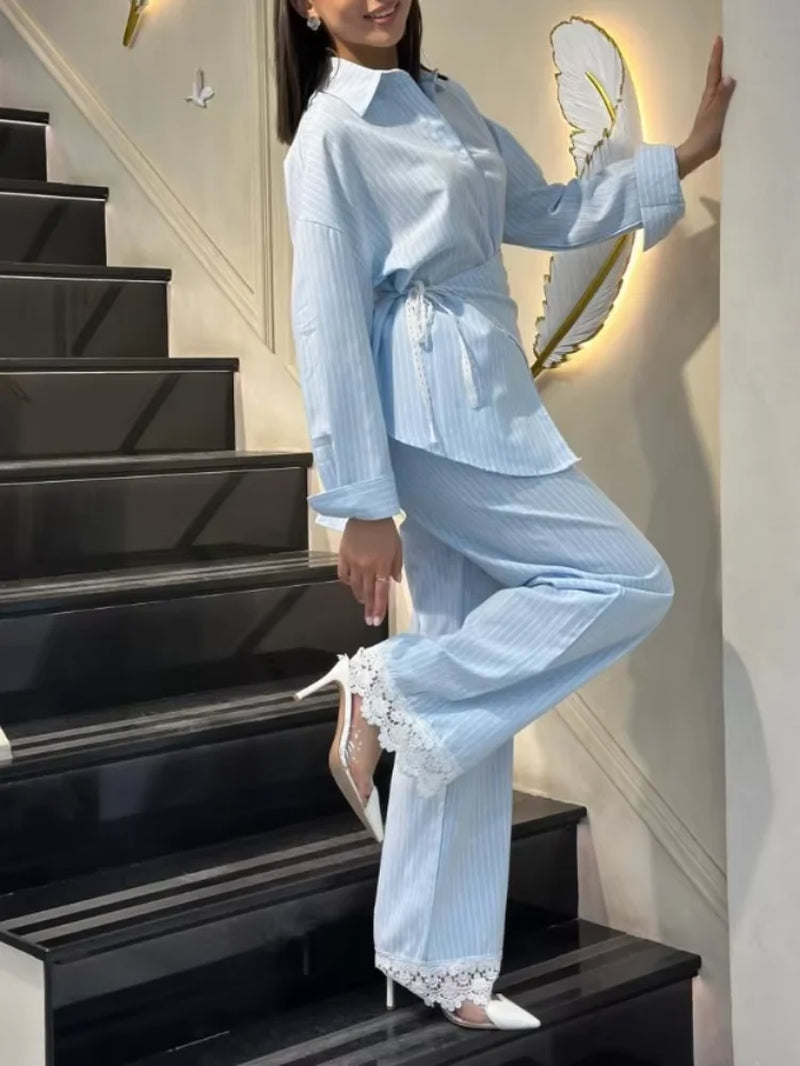 Women Blue Long Sleeve Turn-Down Collar Shirt Pants Set Fashion Cinched Waist Striped Top Wide-Leg Trousers Casual Office Outfit