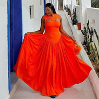 Summer Woman Dress Elegant Party Sleeveless round Neck Dresses Orange Cut Out Maxi Dress a Line Pleated Waist Long Dress