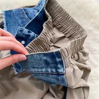 New Niche Design Women Denim Patchwork Khaki Midi Skirt Asymmetrical Waist Drawstring Hem Bubble Skirt Zipper Pockets SK8003