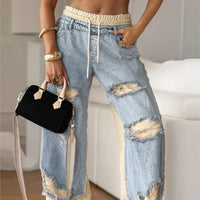 Street Patchwork Ripped Denim Pants Jean Women Loose Drawstring Low Waist Pockets Zipper Straight Leg Pants 2025 Casual Trousers