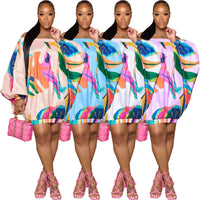 New Arrival Women'S One-Shoulder Digital High-Definition Print Batwing Sleeve Dress Floral Geometric Pattern Street Style