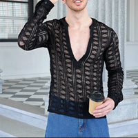 Men'S Mesh See through Mesh Sexy V Neck Shirt Long Sleeve Fishnet Hollow Out Vintage Streetwear Party Clothing S-2XL