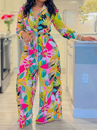 Turn-Down Collar Bandage Top Two Pieces Sets, Women Spring Summer Loose Wide Leg Pants Outfit, Long Sleeve Simple Ladies Suits