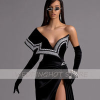 Velour Mermaid Evening Dresses 2023 Luxury Sexy Bead Black One-Shoulder Ball Gown Elegant Side Split Party Dress Robes De Soirée