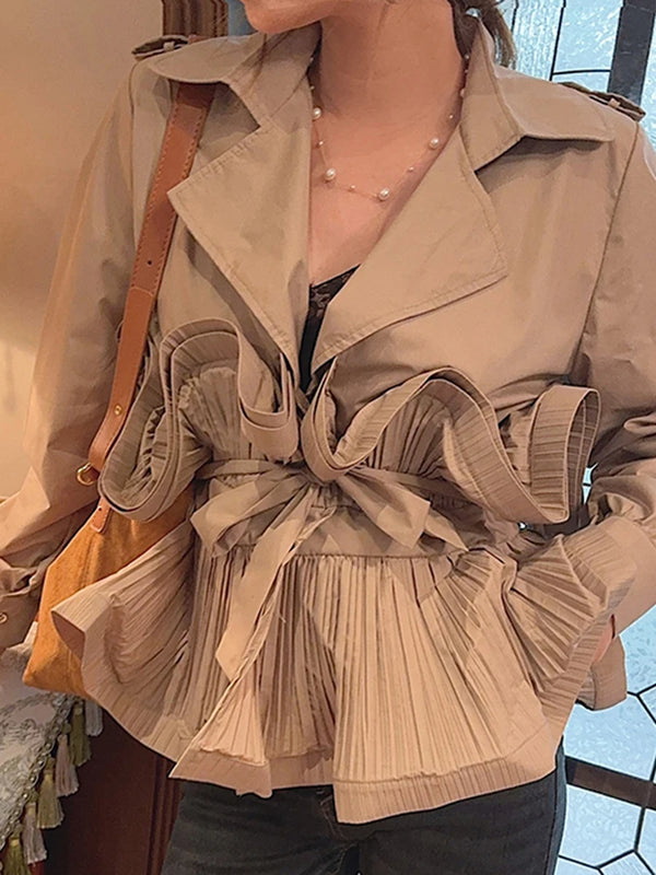 Solid High Street Patchwork Lace up Blouse for Women Lapel Long Sleeve High Waist Spliced Ruffles Shirts Female New