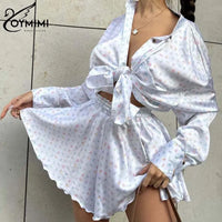 Oymimi Elegant White Print Sets for Women 2 Pieces Fashion Lapel Long Sleeve Button Shirts and High Waisted Side Slit Shorts Set