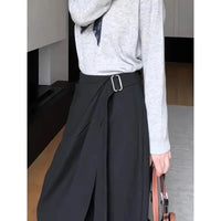 Fall Fashion Asymmetrical Lace up Pants Women High Waist Divided Skirt Versatile Office Lady Trousers Black Wide Leg Pants 695A