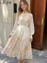 Elegant Sweet Romantic Puff Sleeve Floral 2 Pieces Skirt Set Women Chiffon Shirt Top Elastic Waist Midi Skirt Elegant Woman Set