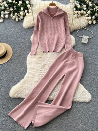 SINGREINY Women Fashion Simple Pants Suits Twist Drill Knit Zipper Sweater+Elastic Wide Leg Pants Autumn Knitted Casual 2Pcs Set