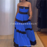 Women Fashion New Elegant Long Dress Patchwork Bowknot Strapless Sleeveless Backless High Waist Stripes Long Dress Party Female