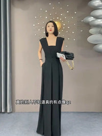 2022 Summer Black Suit Women'S Summer Thin Fashion V-Neck Sleeveless Waist Solid Wide Leg Jumpsuit