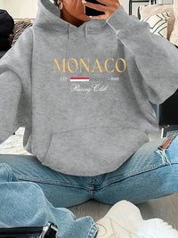 Women'S Autumn and Winter Fashionable Casual Loose Monaco Pattern Printed round Neck Long Sleeved Drawstring Hooded Pullover