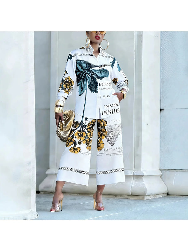 Women'S 2-Piece Floral Letter Print Outfit, Long Sleeve Button-Down Shirt & High Waist Wide Leg Pants, Elegant Casual Co-Ord Set