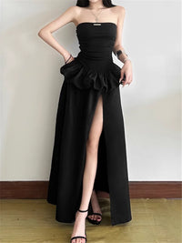 Strapless Hepburn Style Elegant All Black Long Evening Party Dress New Summer Slash Neck Fake 2 Pieces High Split Cocktail Dress