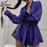 Oymimi Elegant White Print Sets for Women 2 Pieces Fashion Lapel Long Sleeve Button Shirts and High Waisted Side Slit Shorts Set