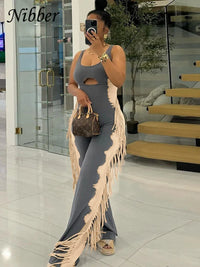 Chic Side Tassel Jumpsuit Women Sexy Hollow Contrast Stretch Summer Fit Sleeveless Elastic Workout Long Overalls