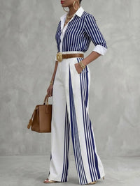 Yeezzi Women Formal Fashion Matching Set Contrast Color Striped Long Sleeve Lapel Blouse Wide Leg Full Length Pants 2 Piece Sets