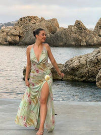 Sexy Floral Print Halter Neck Maxi Dress Women Deep V Neck Sleeveless High Slit Chiffon Bodycon Gown Summer Lady Vacation Robe