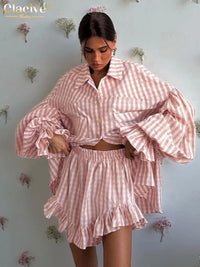 Fashion Loose Stripe 2 Piece Sets Women Outfit 2025 Elegant Long Sleeve Shirt with High Waist Ruffle Shorts Set Female