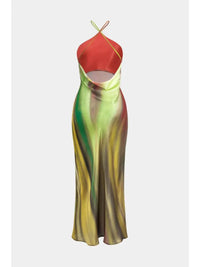 Color Blocking Ink Wash Flower Print Cross Hanging Collar Slimming Vacation Long Suspender Skirt for Women