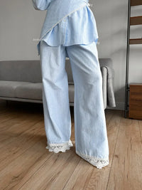 Women Blue Long Sleeve Turn-Down Collar Shirt Pants Set Fashion Cinched Waist Striped Top Wide-Leg Trousers Casual Office Outfit