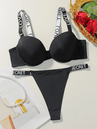 Popular Sexy Letter Underwire Push up Bra Lingerie Set for Women 2 Piece Solid Underwear Comfort Knit Strap