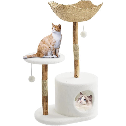 Real Wood Modern Cat Tree Tower with Wicker Condo Scratching Post Bed Boho Luxury Pet Furniture for Indoor Cats Space Saving