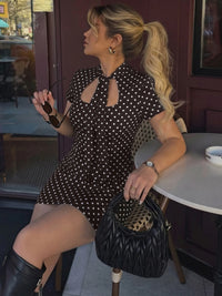 Turtleneck Short Sleeve Lace up Hollow Out Polka Dot Mini Dress Women'S Fashion Sexy Elegant Dress Party Vacation Outfit