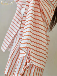 Fashion Loose Stripe Print 2 Piece Set Women 2026 Elegant Long Sleeve Shirt with High Waist Shorts Set Female Clothing