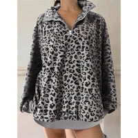 Women'S Half Zip Stand Collar Leopard Ribbed Oversized Sweatshirt Gray S