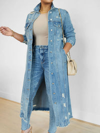 Women Long Denim Jacket Hole Overcoat Single Breasted Pockets Turn down Collar Female Streetwear Vintage Jean Outerwear