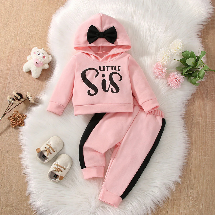 Autumn 2Pcs Baby Girls Long Sleev Printing Letter with Bow Hoodie Set for Casual Sporty Clothes for 1-3Y