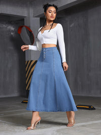 Ms. W'S Loose and Flowing Denim Skirt, with Elastic Front Front Pocket Fastening, Large-Sized Denim Skirt