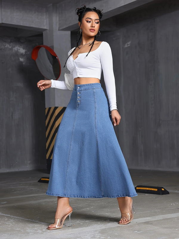 Ms. W'S Loose and Flowing Denim Skirt, with Elastic Front Front Pocket Fastening, Large-Sized Denim Skirt