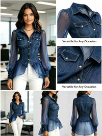 Denim and Mesh Patchwork Blouse with Waist-Cinching Ruffled Hem; Lapel-Collar, Double-Pocket, Puff-Sleeve Denim Shirt