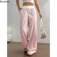 2026 Women'S Fashion Striped Wide-Leg Pants Elastic Waist Casual Daily Wear Stylish Soft Fabric Relaxed Fit Versatile Long Pants