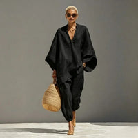 Casual V-Neck Two Piece Set Women Outfits Summer 2026 Fashion Loose Long Sleeve Tops and Wide Leg Pants Sets Suits Elegant
