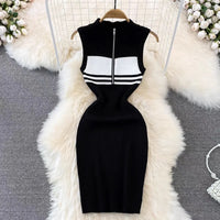 Korean Style Women Lady Dresses Knit Sleeveless Half Zipper Vestidos Sexi Slim Streetwear Stripe Party Polo Nigh Club Hip Dress