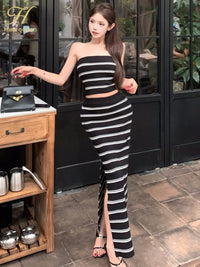 Korean 2 Pieces Set Women'S Knitted Bottoming Striped Black Pencil Sheath Knit Sexy Slit Casual Lady Skirt Suit
