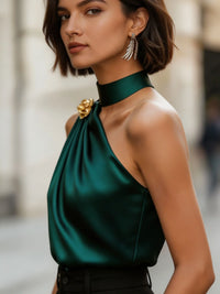 Chic Halter One Shoulder Satin Draped Dark Green Blouse, Sleeveless Top for Party & Office Women