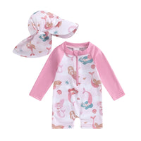 Baby Girls Bathing Suit Sea Shell Print Long Sleeve Rash Guard Swimsuit Wide Brim Sun Hat Infant Toddler Beachwear