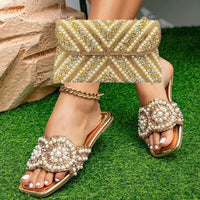 Women'S Summer New Golden Metal Pearl Decorative Slippers Square Bright Diamond Flat Sandals with Pearl Chain Shoulder Bag Set