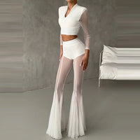 Elegant High Waist Slim Straight Trousers Sexy See through Mesh Flare Pants for Women Summer Solid Commute Lady Long Pants Mujer