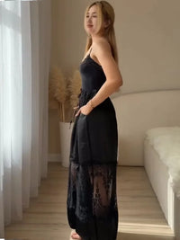 Women Satin Lace Patchwork Wide Leg Pants Elastic Drawstring Waist Loose Trousers Casual Summer Beach Vacation Streetwear Ladies