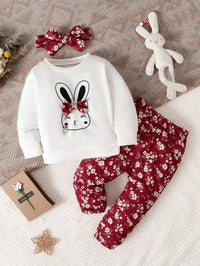 Spring and Autumn Baby Girl Rabbit Print Bow Front Pullover & Floral Print Pants & Headband